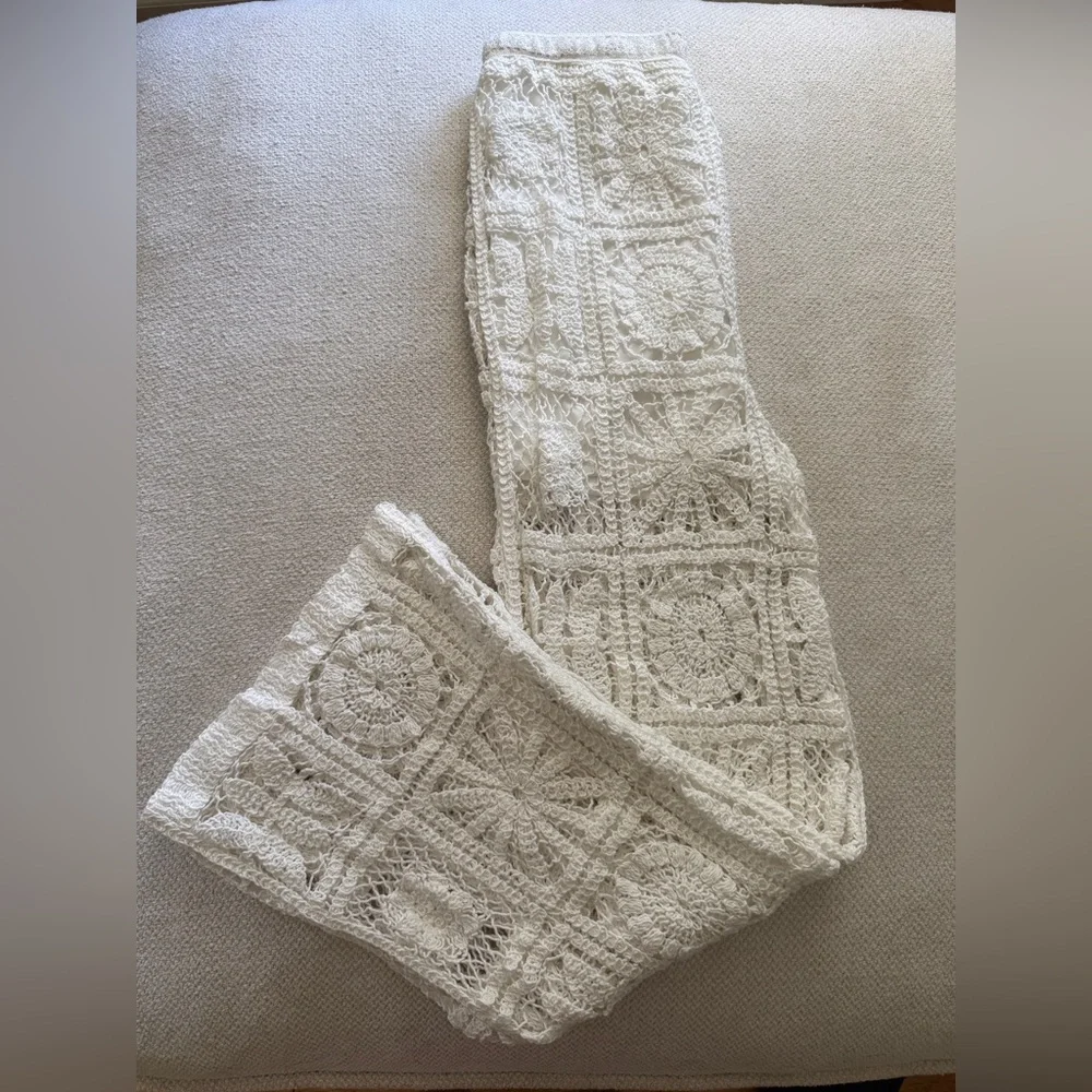 White Crochet Flare Boho Pants - Picture 3 of 6